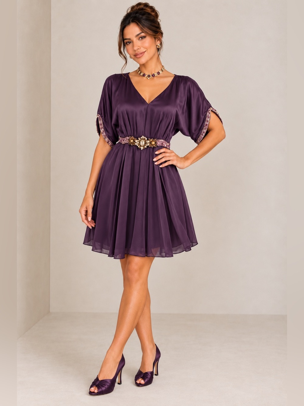 Mini Singh Vintage Purple Satin V-Neck Pleated Dress with Embellished Waist XXL